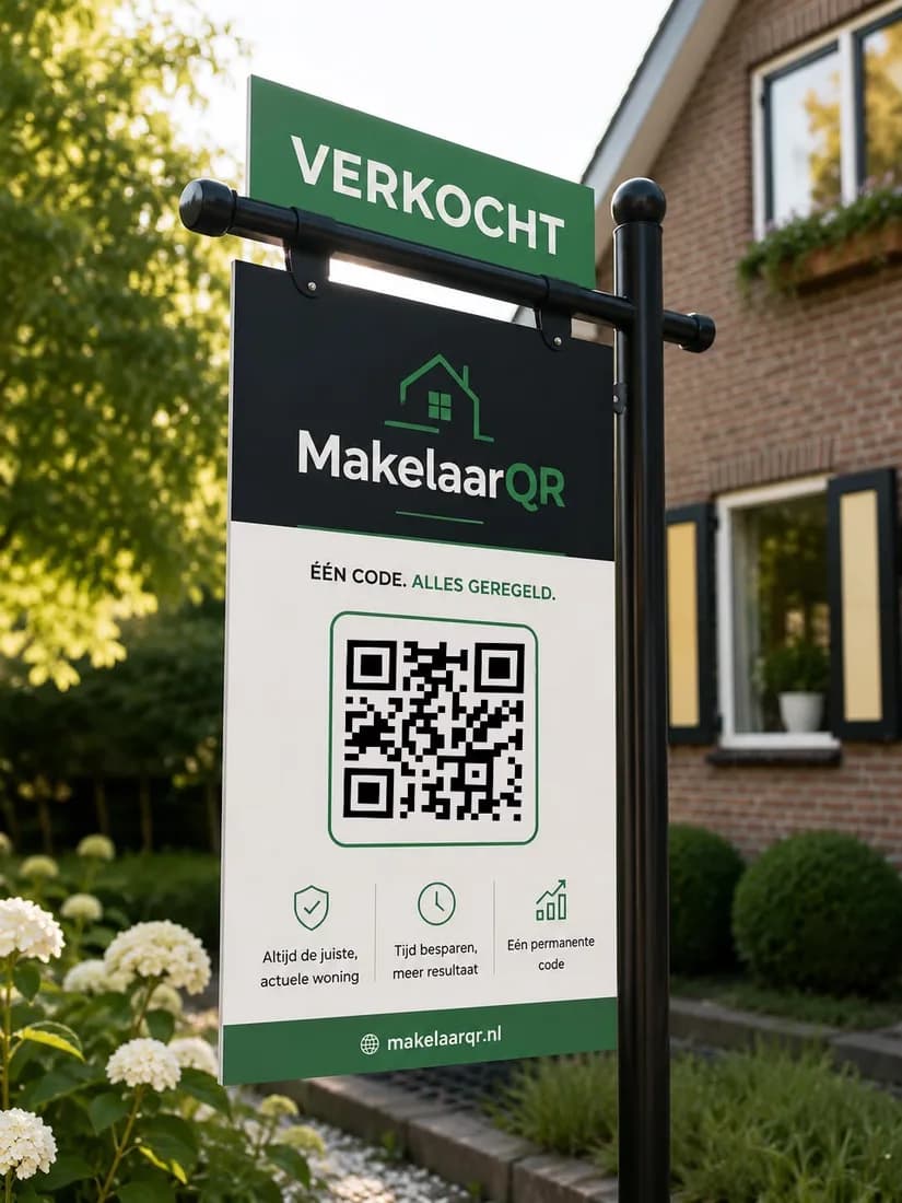 Makelaarsbord met QR-code voor een woning, gezien door de camera van een telefoon