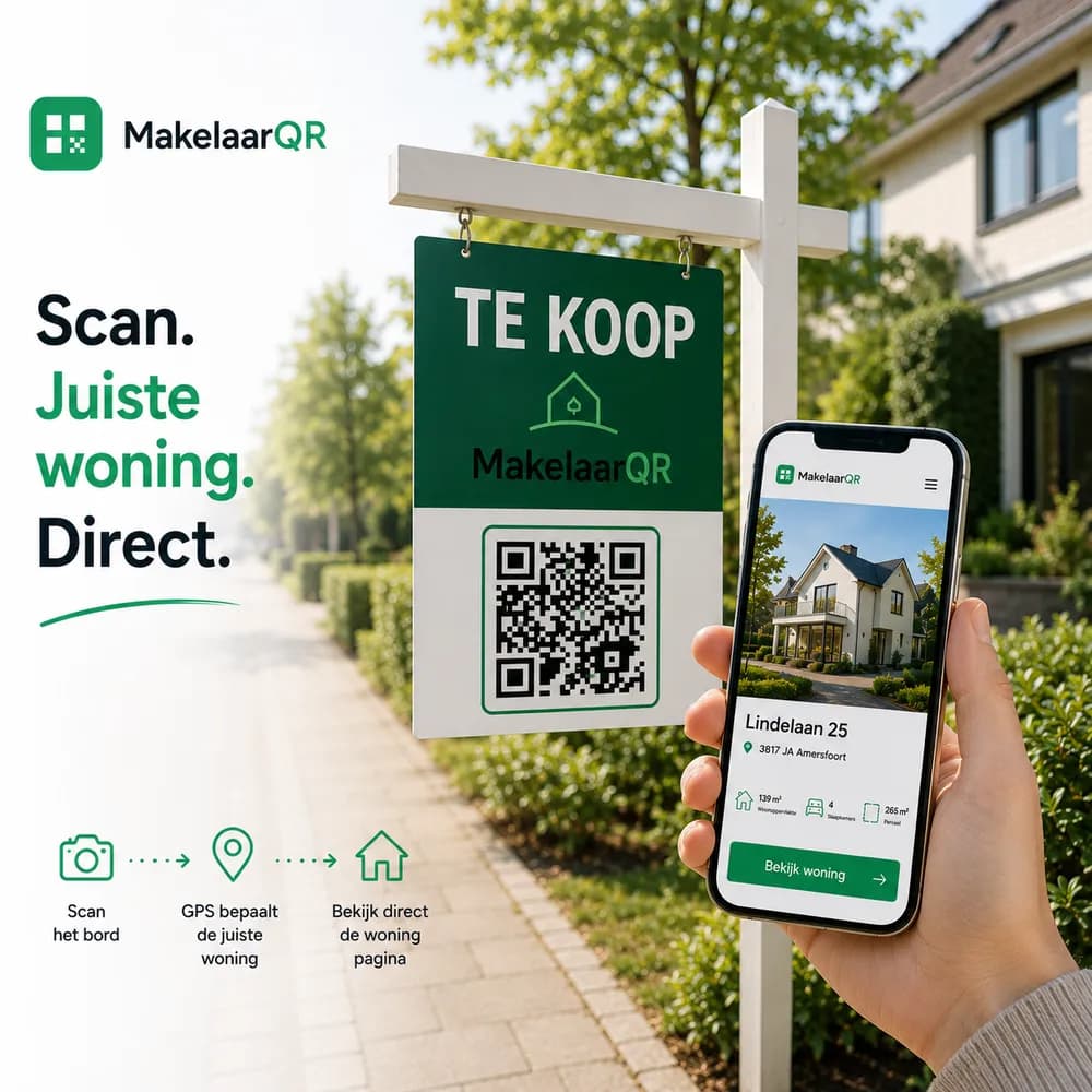 Modern, digitaal makelaarsbord met MakelaarQR QR-code; de koper scant en ziet de juiste woning op de telefoon